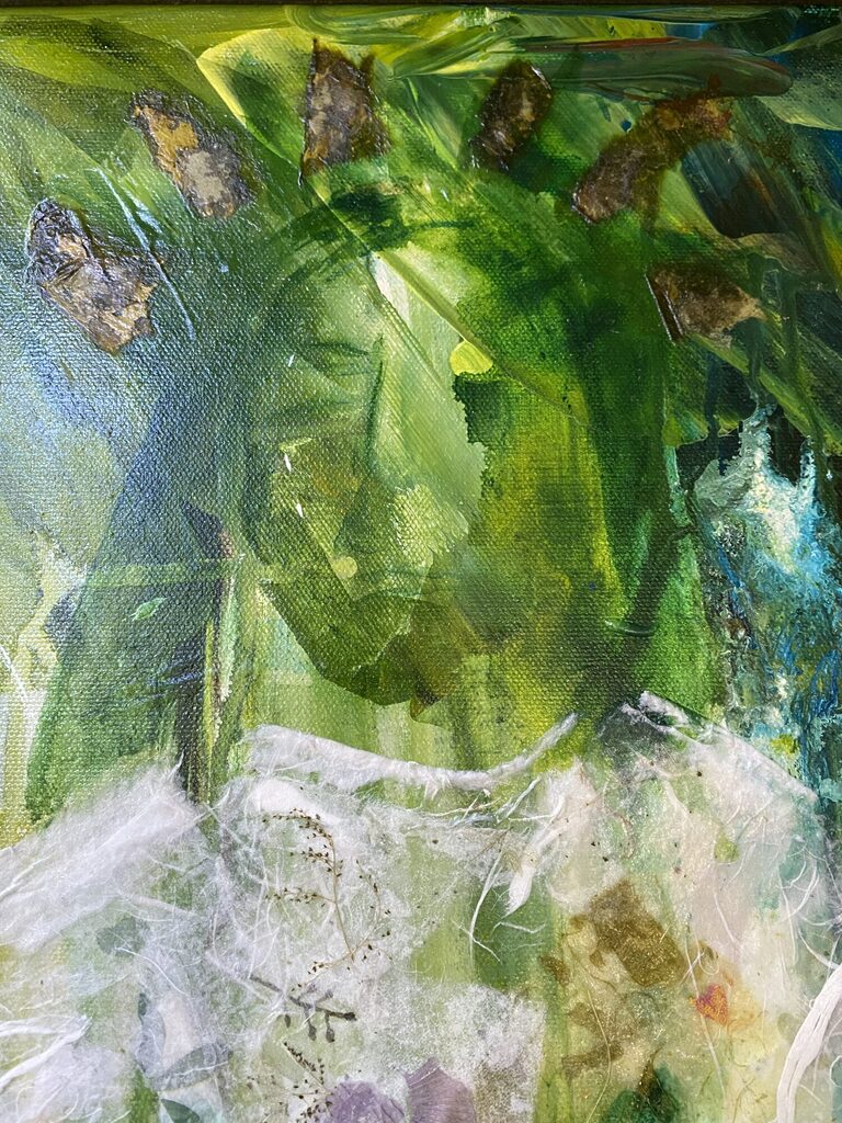 (A humble brown crown subtly emerging from the painting’s upper edge.)